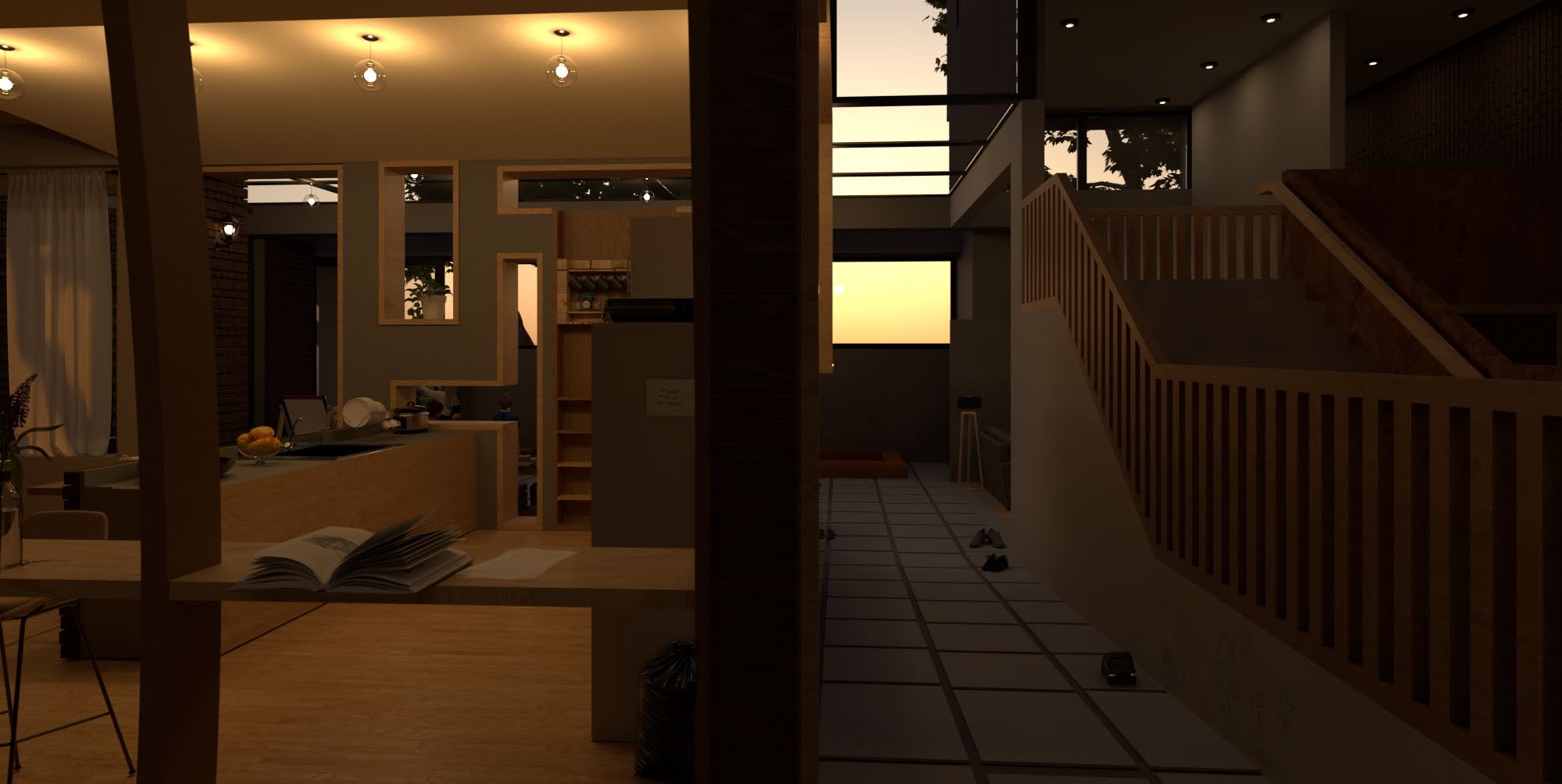 Home: evening kitchen, shared living space, and stair under warm interior lighting
